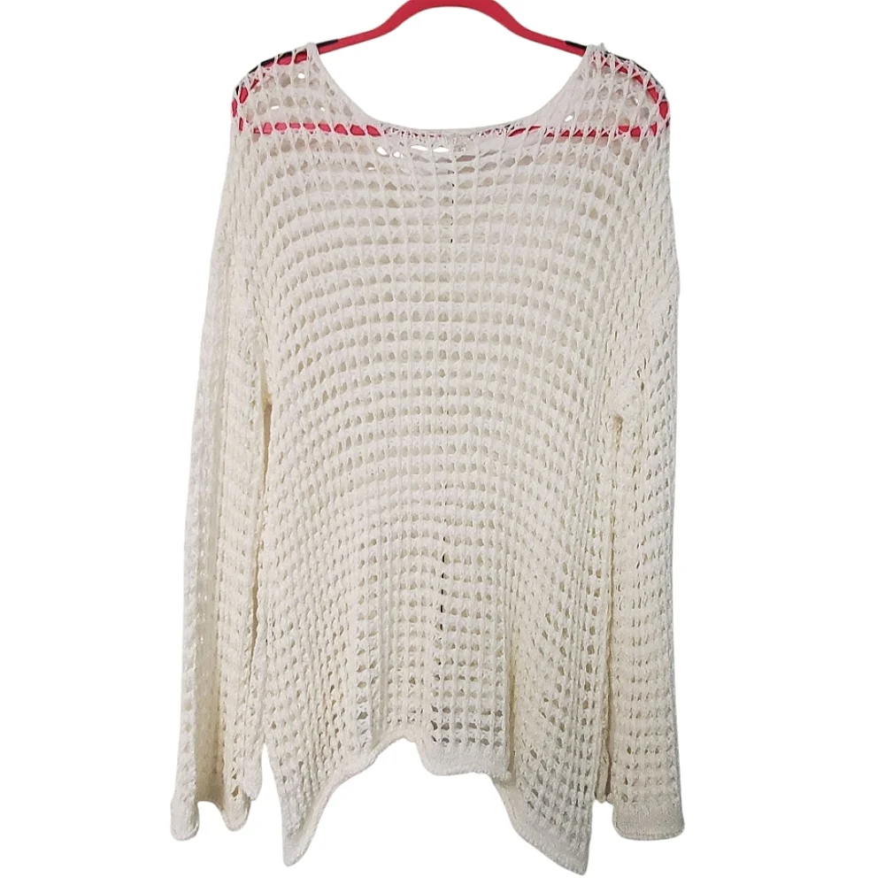 POL Openwork Crochet Knit Flare Sleeve Top Cover Up - Medium, Ivory - Picture 8 of 9